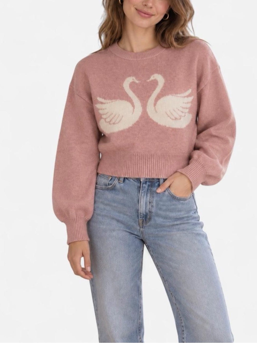 Pink White Swan Pullover Crewneck Sweater Vintage Cottage Core Coquette Lenox XS